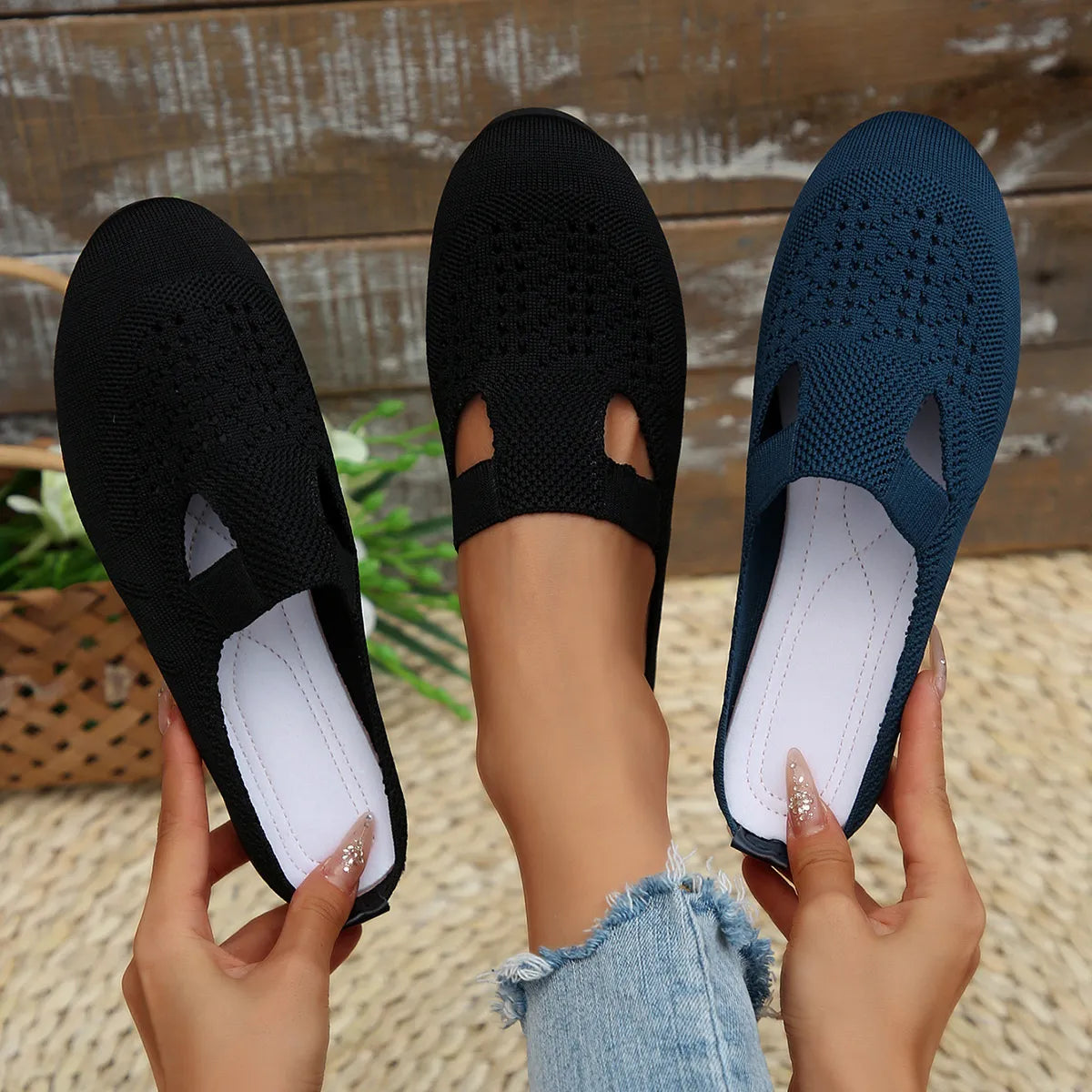 Front view of Round Toe Flat Slip-Ons, featuring a simple slip-on design with a round toe for comfort.