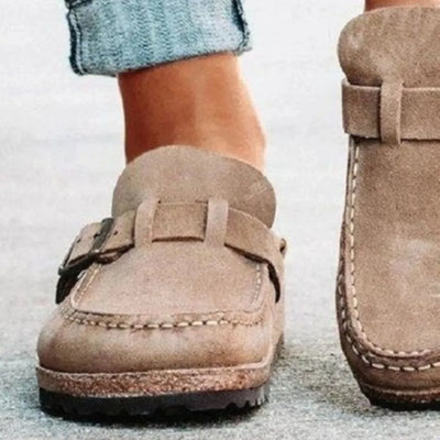 Back view of Round Toe Low Heel Buckle Loafers, showcasing the stylish design and comfortable fit.