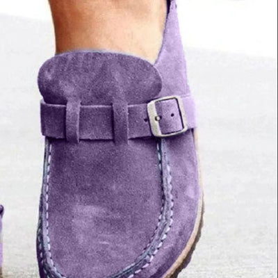 Back view of model wearing Round Toe Low Heel Buckle Loafers, showing the stylish buckle and comfortable fit.