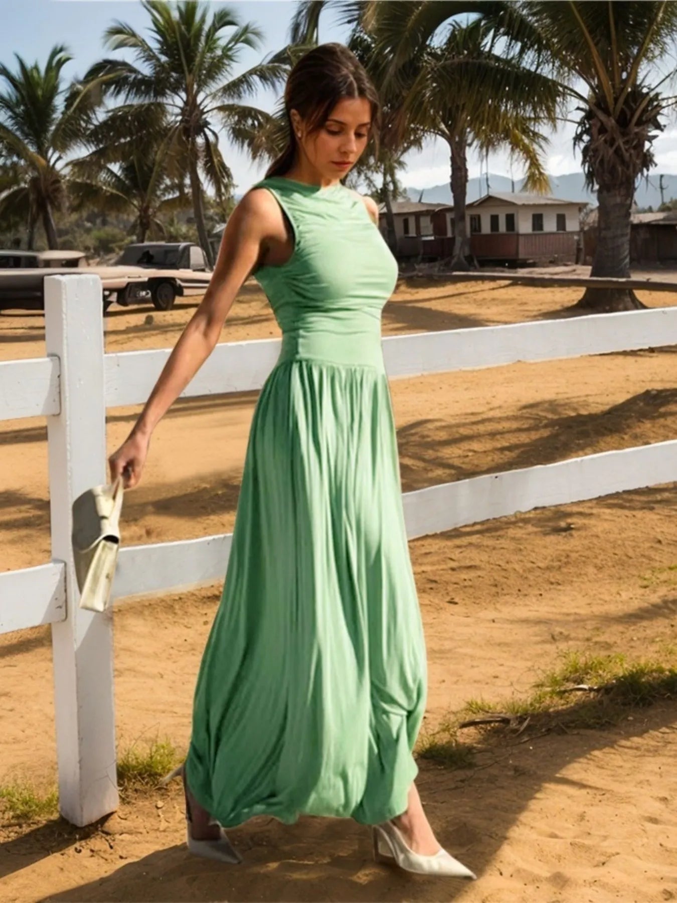 Close-up of the hemline of Ruched Sleeveless Maxi Dress, showcasing the elegant finish and flowy fabric