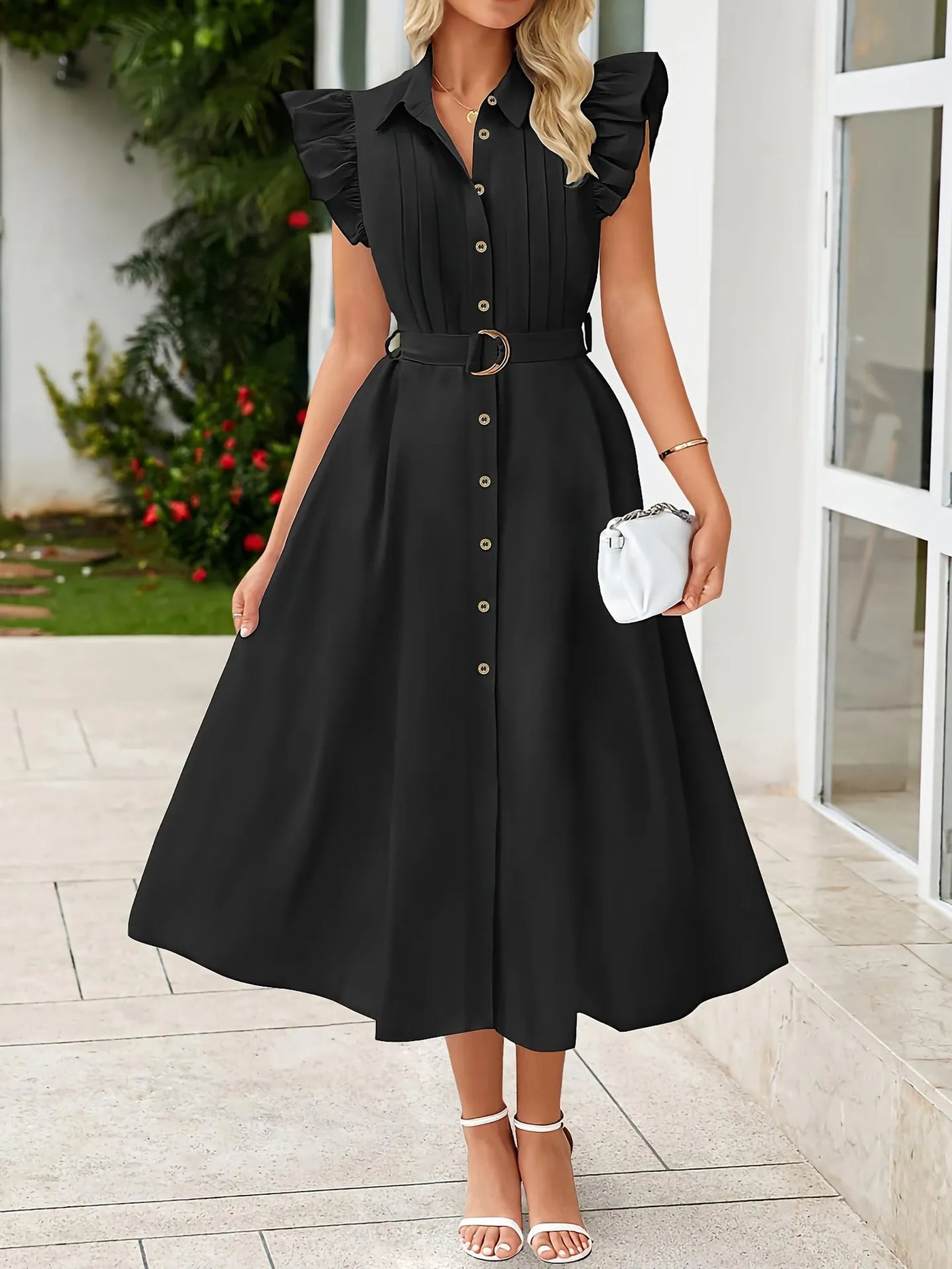 Front view of Ruffled Button Front Midi Dress, featuring a button-down front and playful ruffled hem.