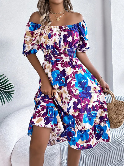 Complete look of Ruffled Hem Smocked Floral Short Sleeve Midi Dress, showcasing the overall style, floral pattern, and relaxed fit.