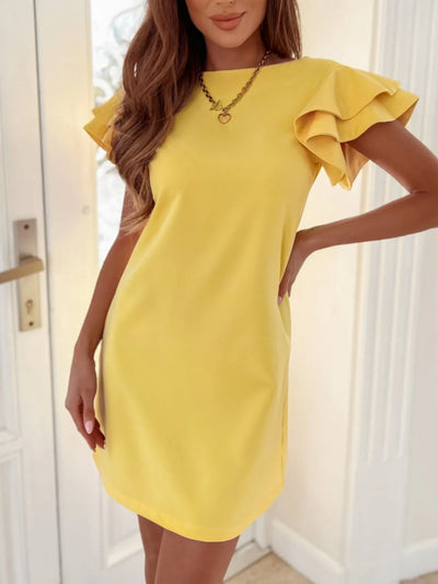 Front view of Ruffled Layered Short Sleeve Mini Dress in Yellow