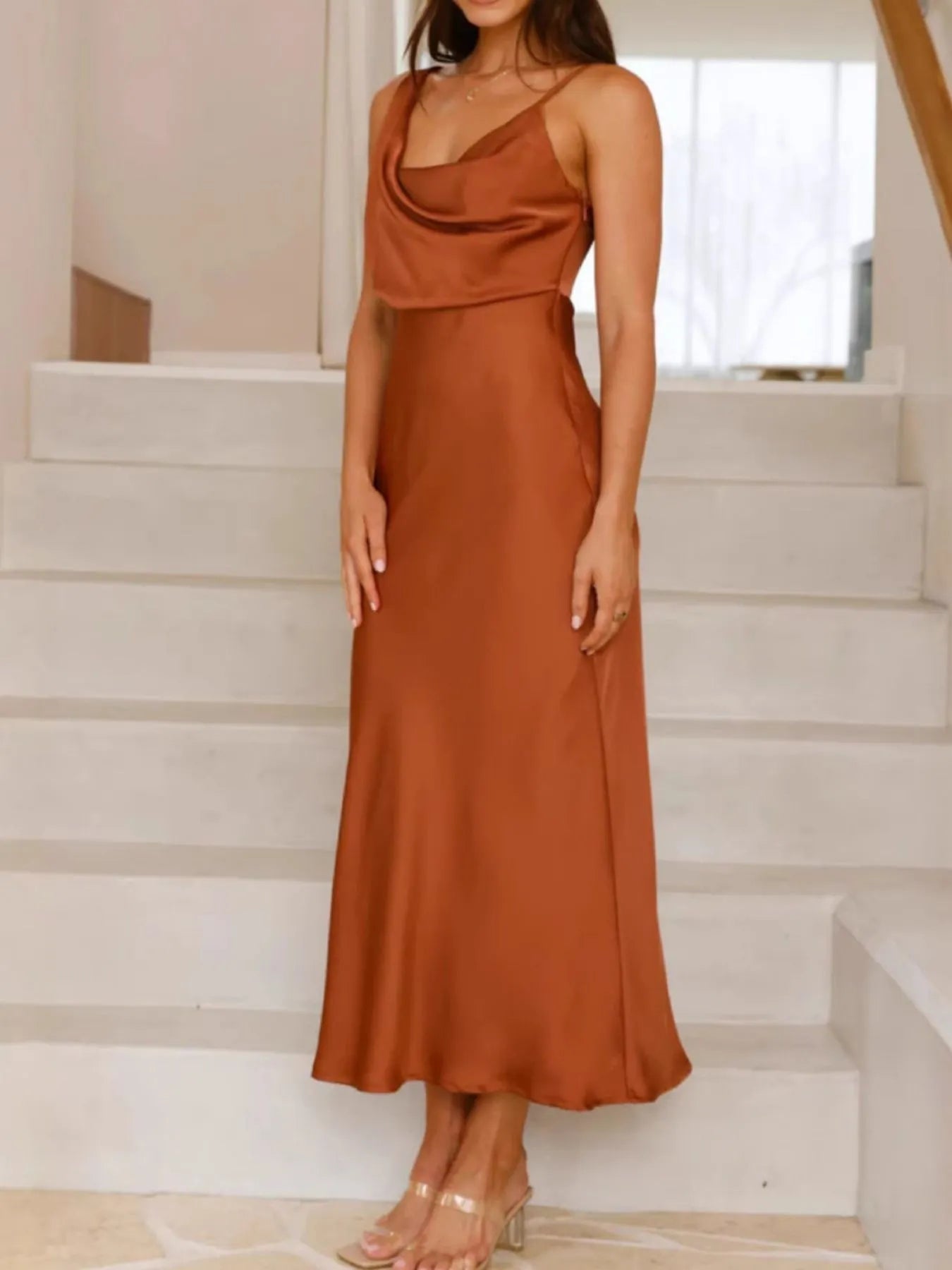 Model wearing Satin Asymmetrical Midi Dress in Light Brown