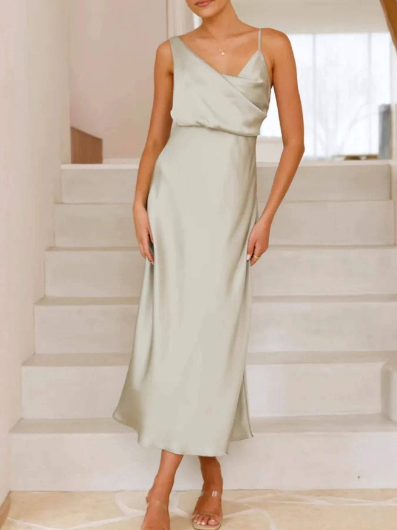 Model wearing Satin Asymmetrical Midi Dress in Light Green