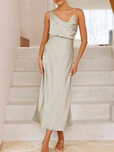 Model wearing Satin Asymmetrical Midi Dress in Light Green