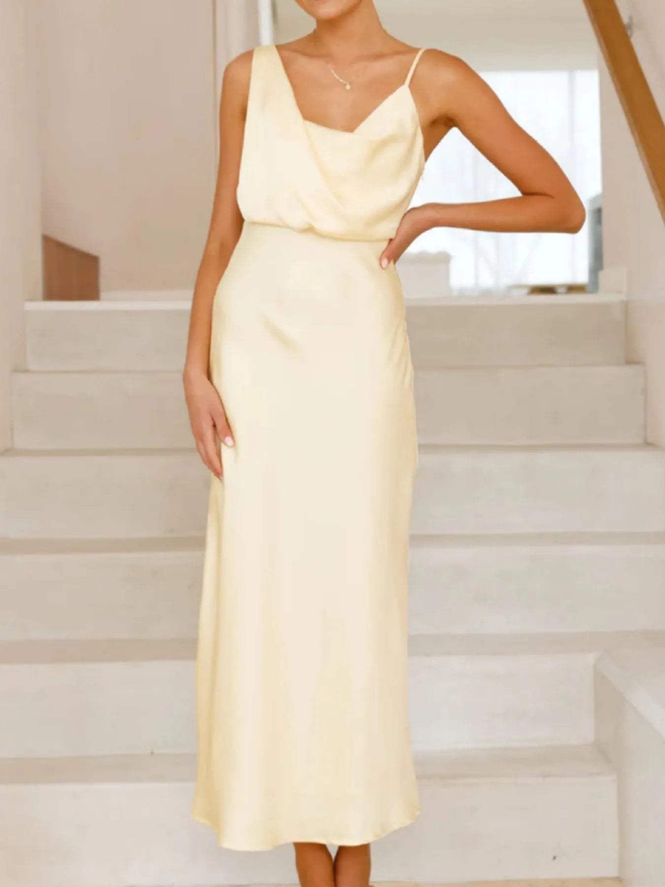 Front view of Satin Asymmetrical Midi Dress in Light Yellow