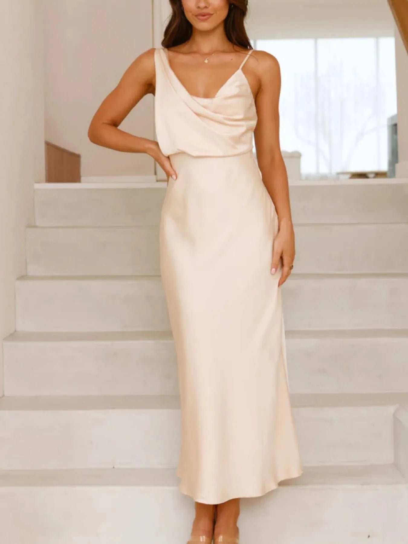 Front view of Satin Asymmetrical Midi Dress in Off White