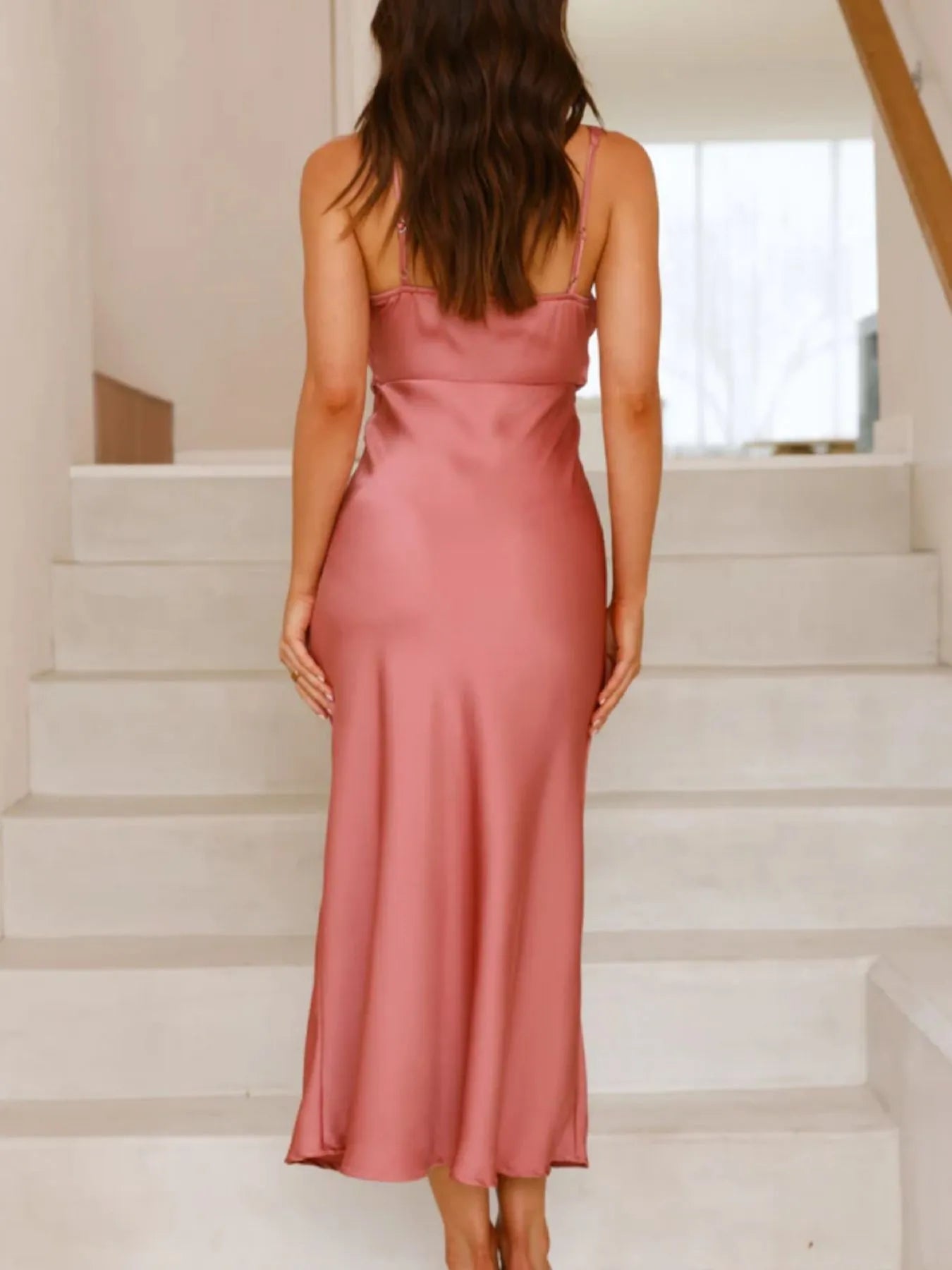 Front view of Satin Asymmetrical Midi Dress in Rouge