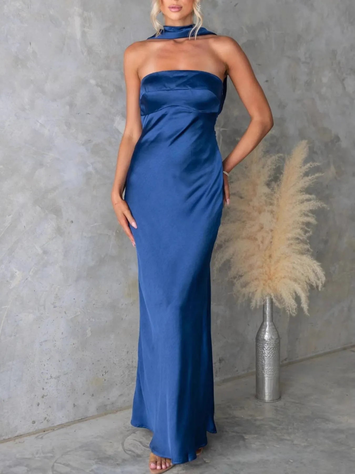 Front view of Satin Tube Maxi Dress in Blue