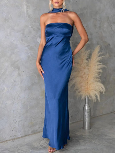 Front view of Satin Tube Maxi Dress in Blue