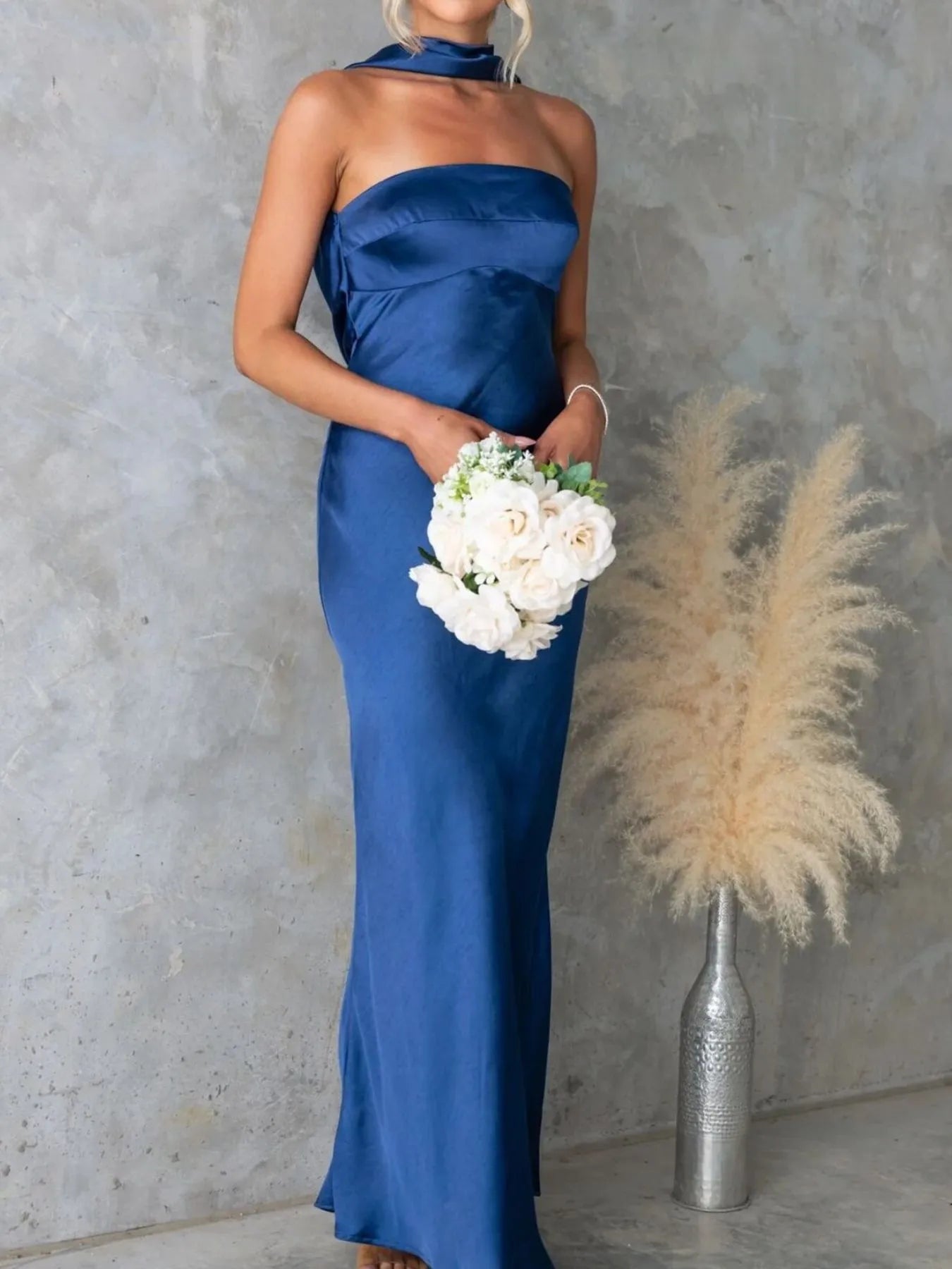 Side view showcasing the fit of Satin Tube Maxi Dress in Blue