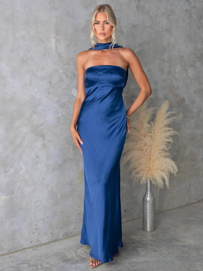 Detail shot of the strapless neckline of Satin Tube Maxi Dress in Blue