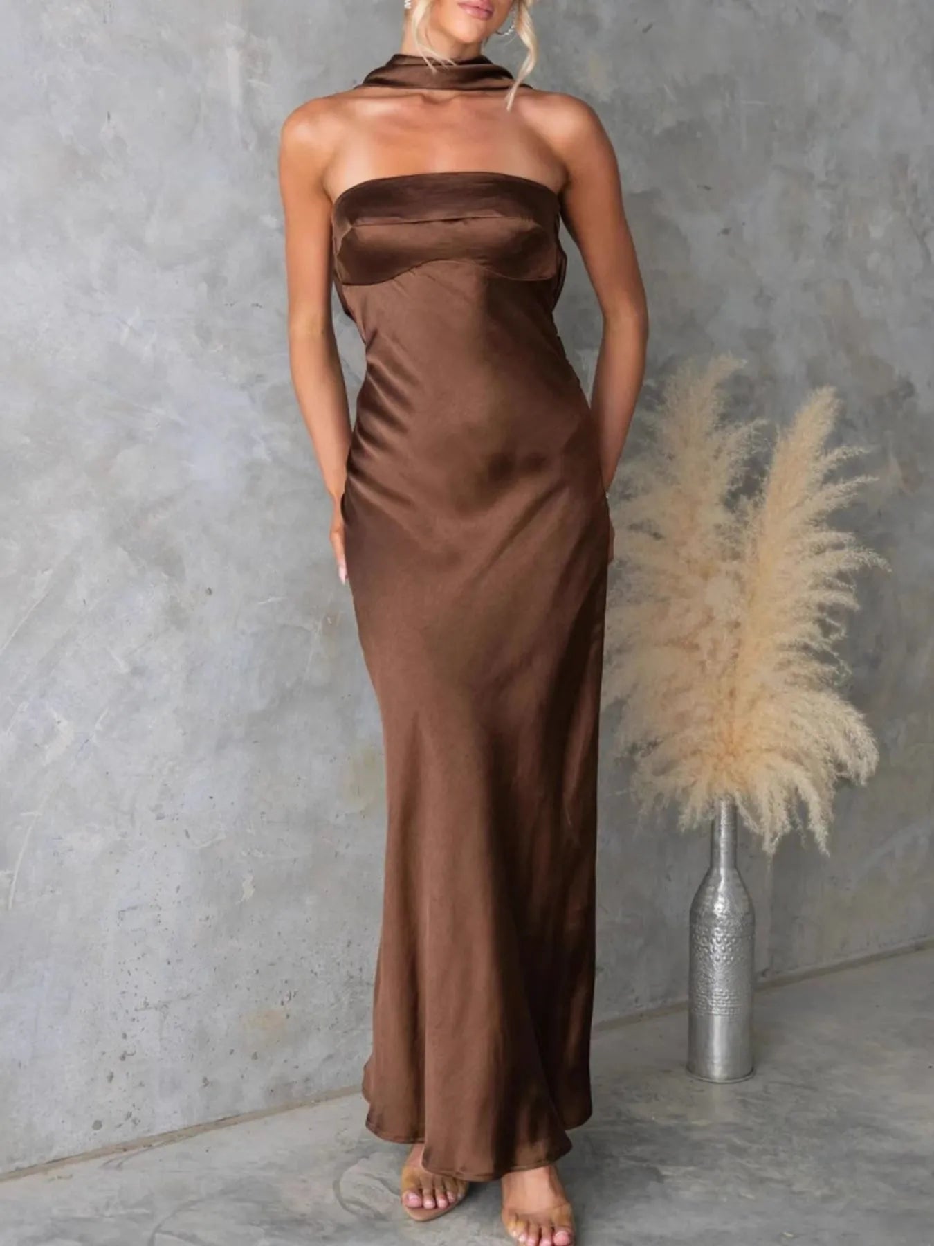 Side view showcasing the fit of Satin Tube Maxi Dress in Brown