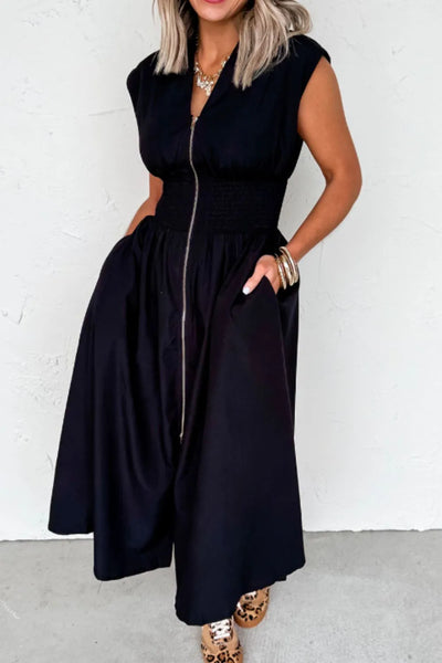 Front view of Sleeveless Zip-Front Maxi Dress in Black
