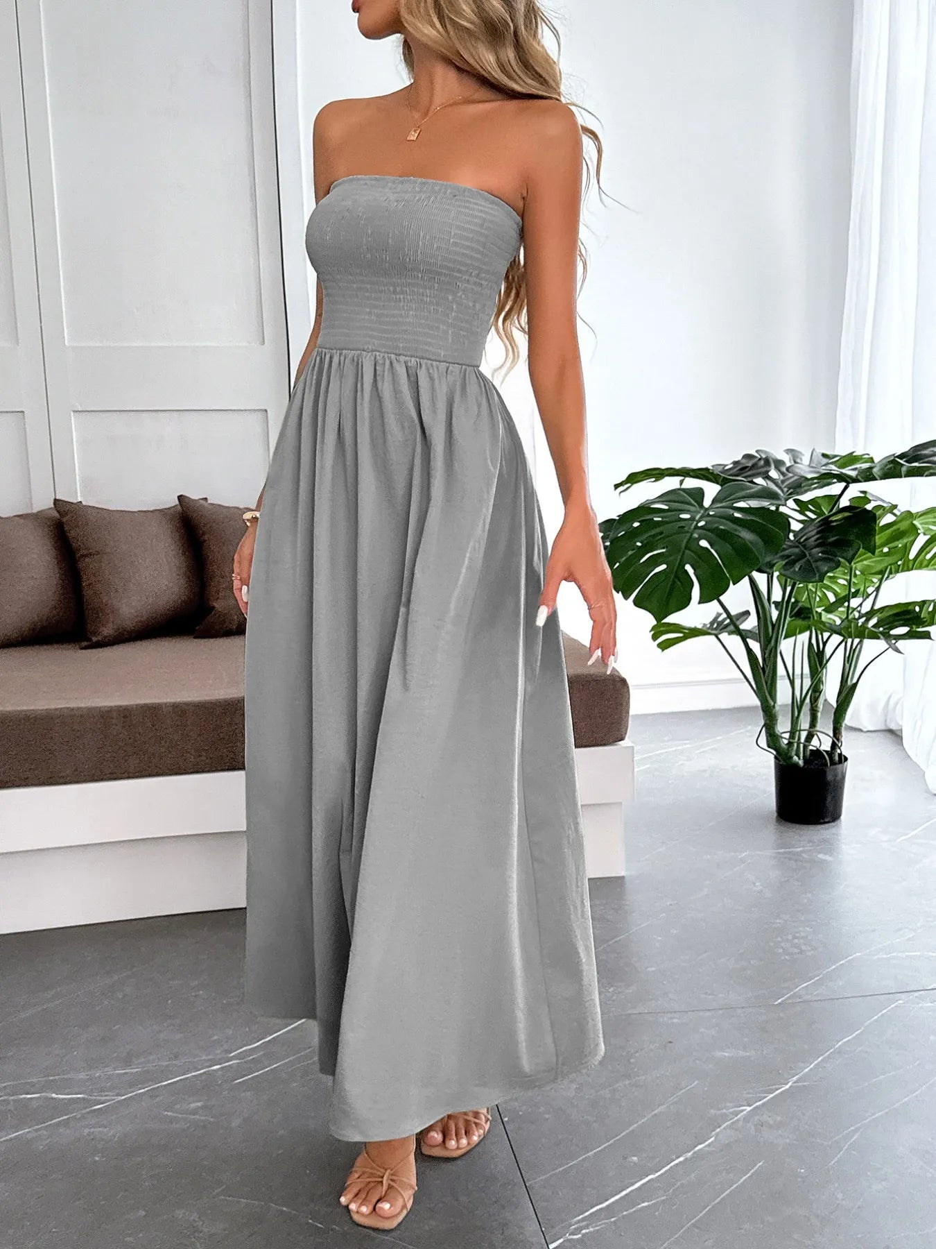 Front view of Smocked Tube Maxi Dress in Light Gray