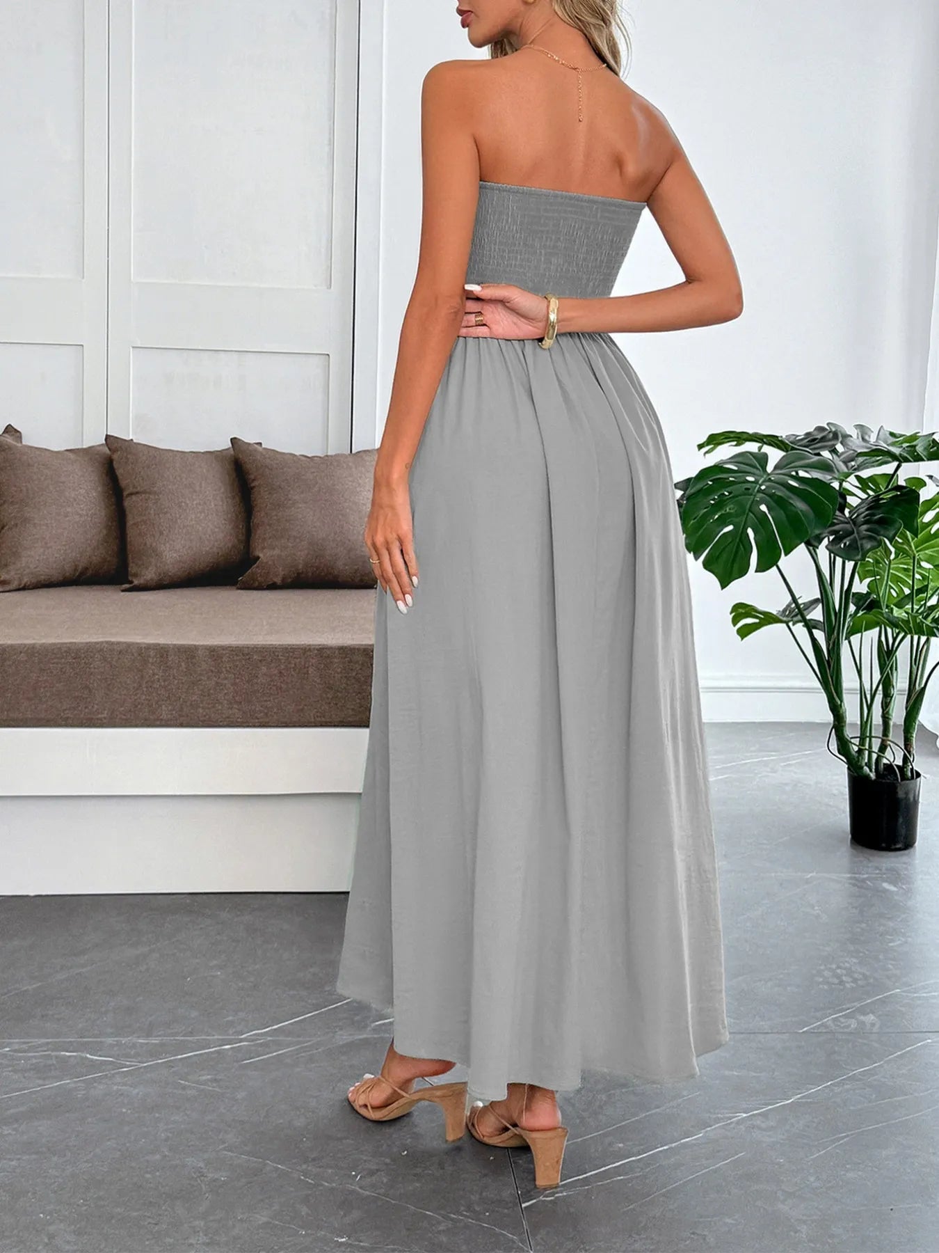 Back view highlighting the design of Smocked Tube Maxi Dress in Light Gray