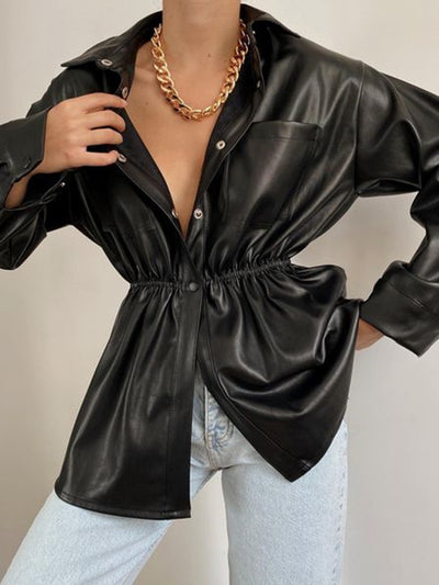 Back view highlighting the design of Snap Down Collared Jacket in Black