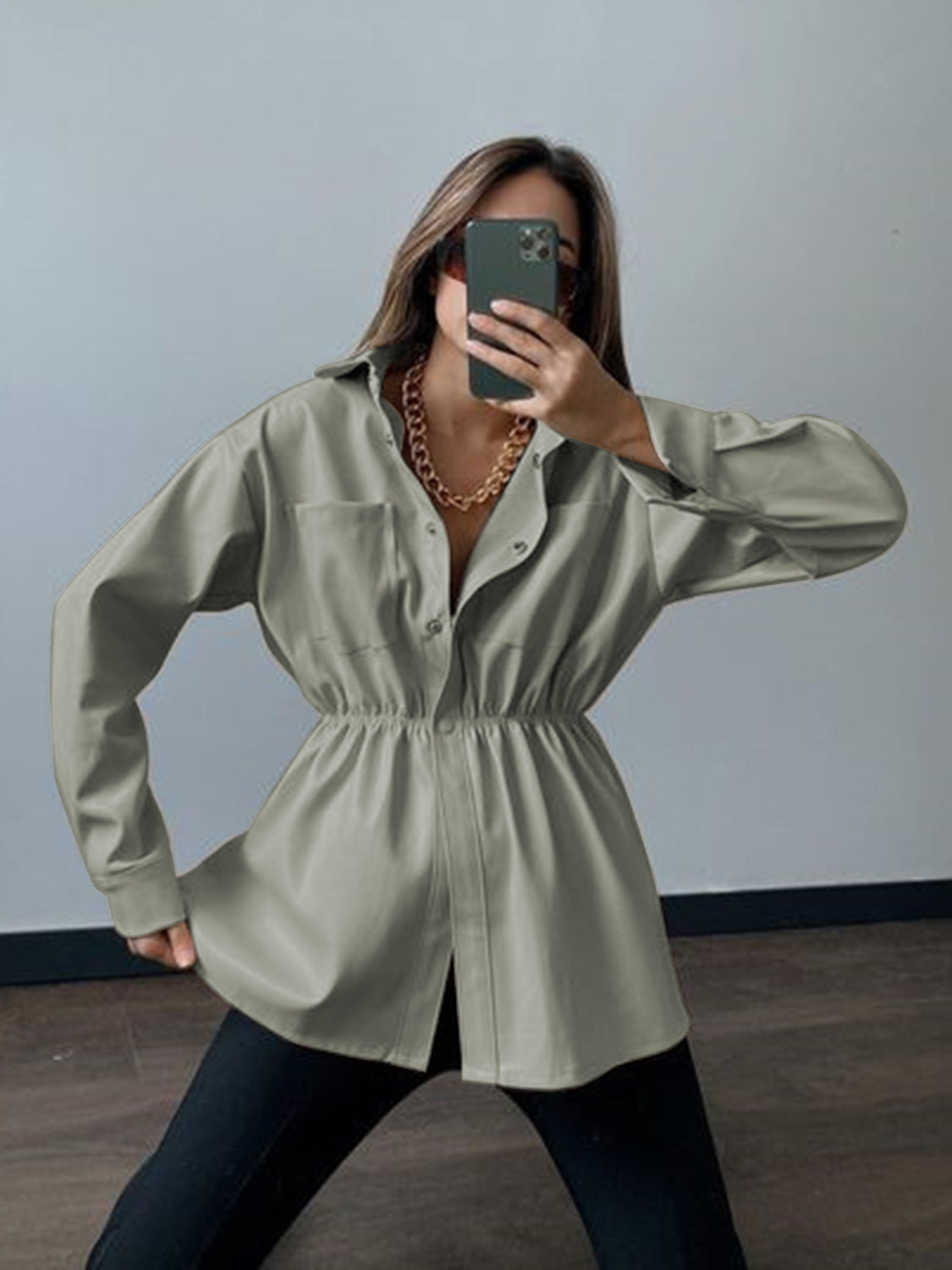 Front view of Snap Down Collared Jacket in Matcha Green