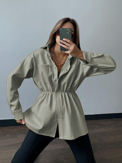 Front view of Snap Down Collared Jacket in Matcha Green