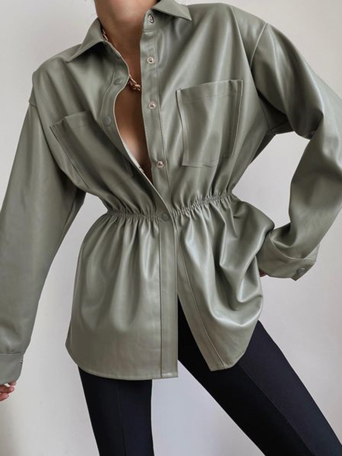 Back view highlighting the design of Snap Down Collared Jacket in Matcha Green