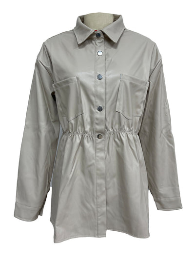 Close-up of collar detail on Snap Down Collared Jacket in Matcha Green