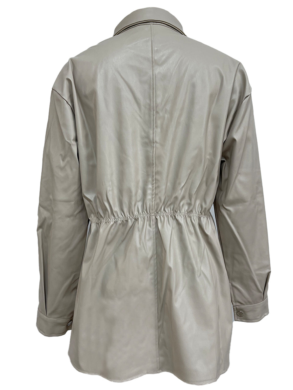 Detail shot of snap-down closure on Snap Down Collared Jacket in Matcha Green