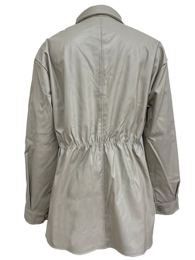 Detail shot of snap-down closure on Snap Down Collared Jacket in Matcha Green