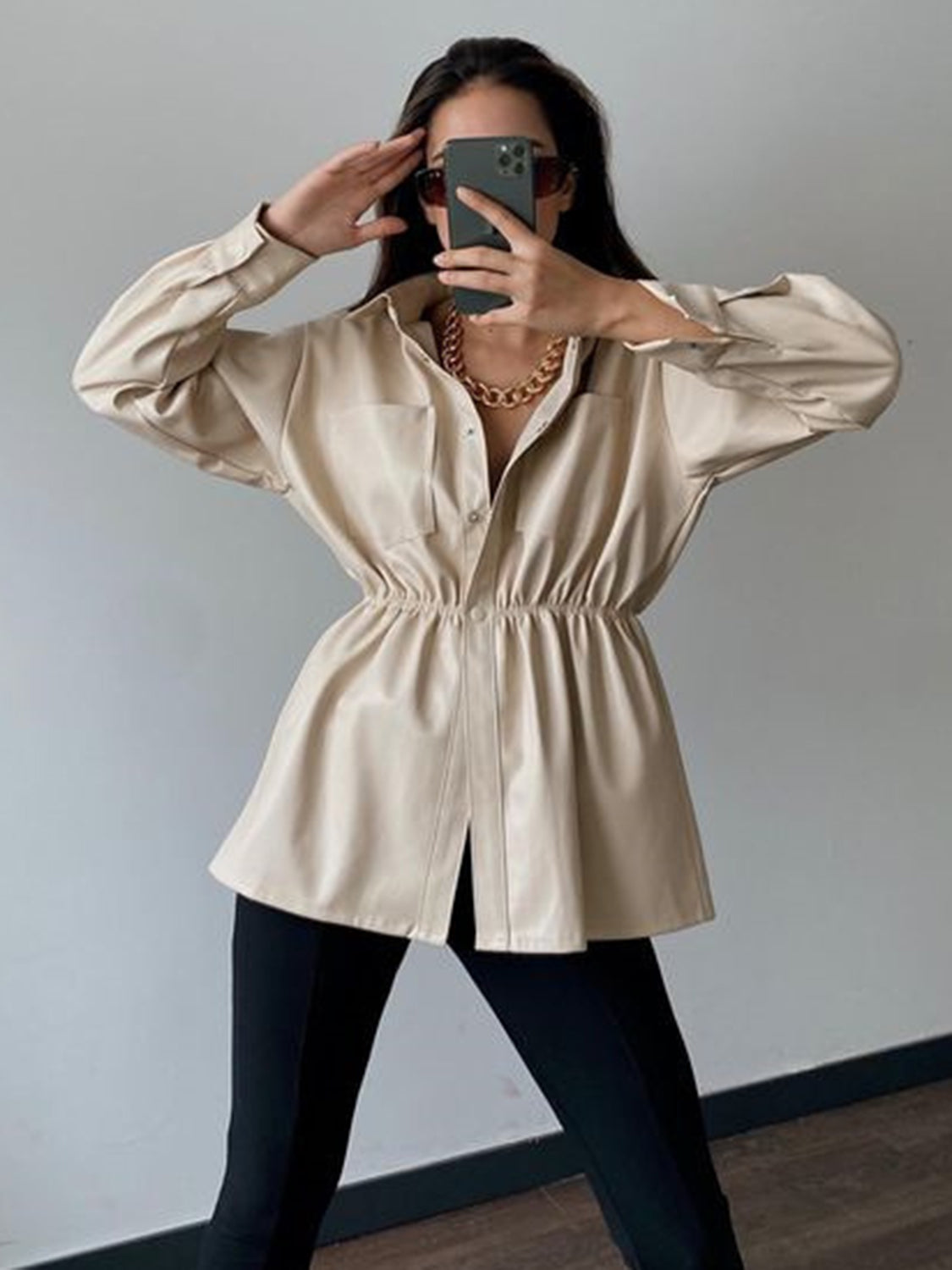Front view of Snap Down Collared Jacket in Tan