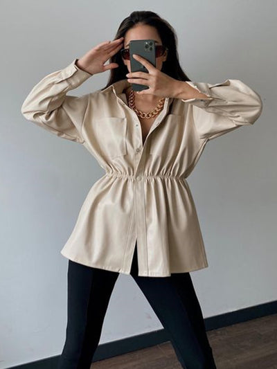 Front view of Snap Down Collared Jacket in Tan