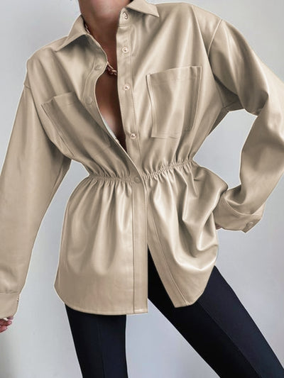 Back view highlighting the design of Snap Down Collared Jacket in Tan