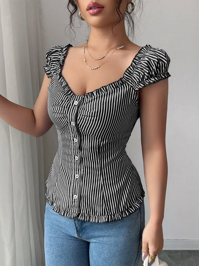 Front view of Striped Cap Sleeve Shirt in Black