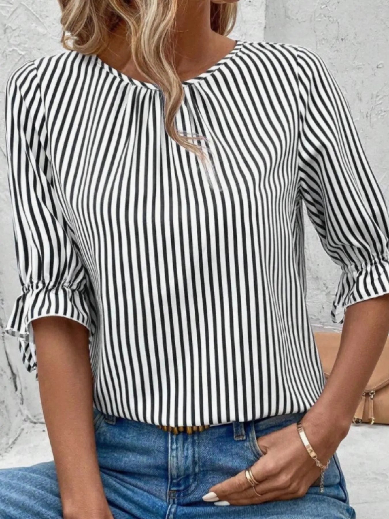 Front view of Striped Round Neck Half Sleeve Casual Blouse in Black