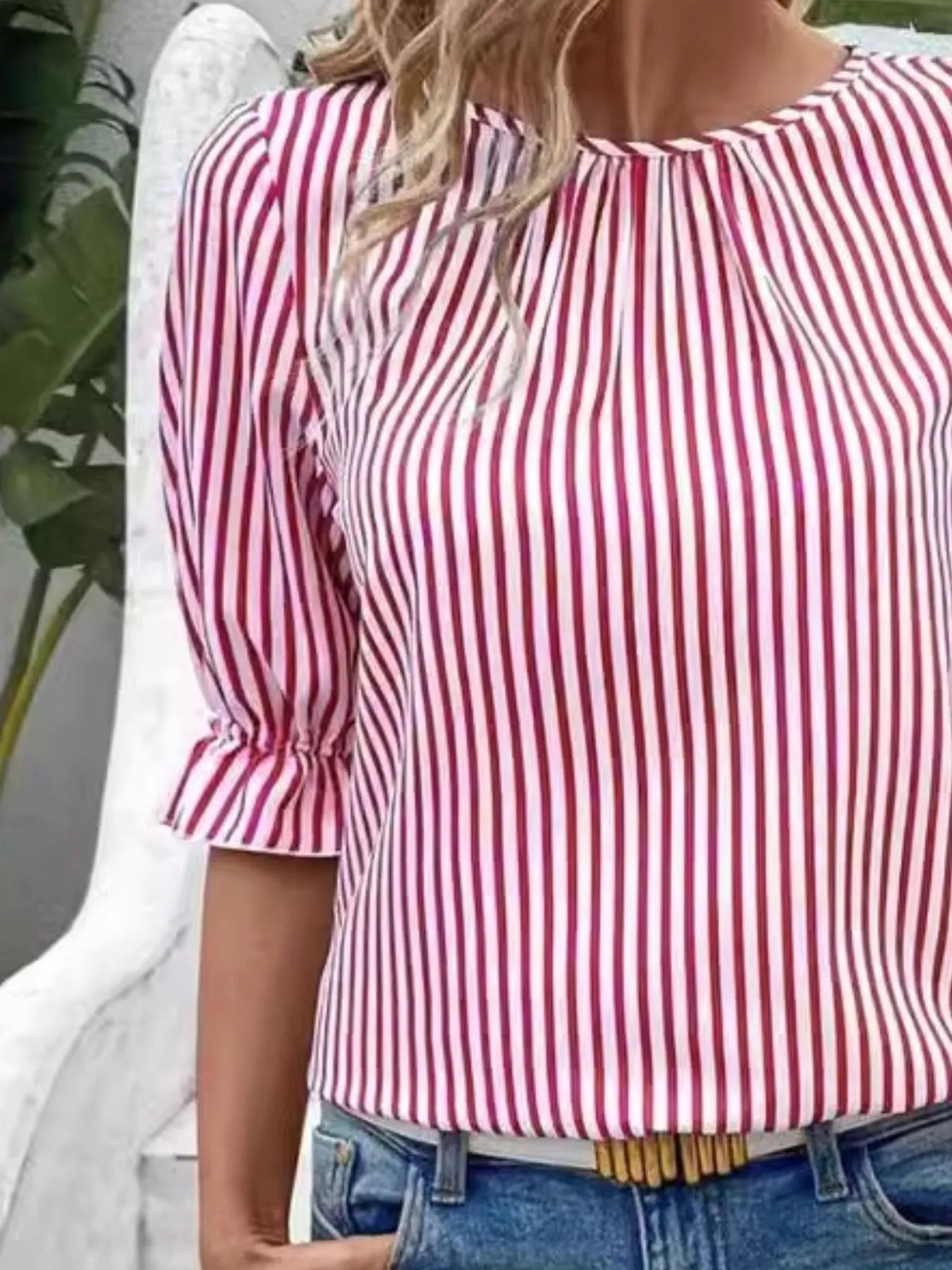 Side view showcasing the fit of Striped Round Neck Half Sleeve Casual Blouse in Red