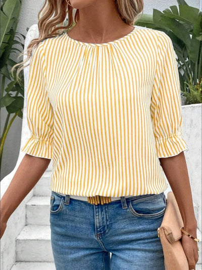 Front view of Striped Round Neck Half Sleeve Casual Blouse in Yellow