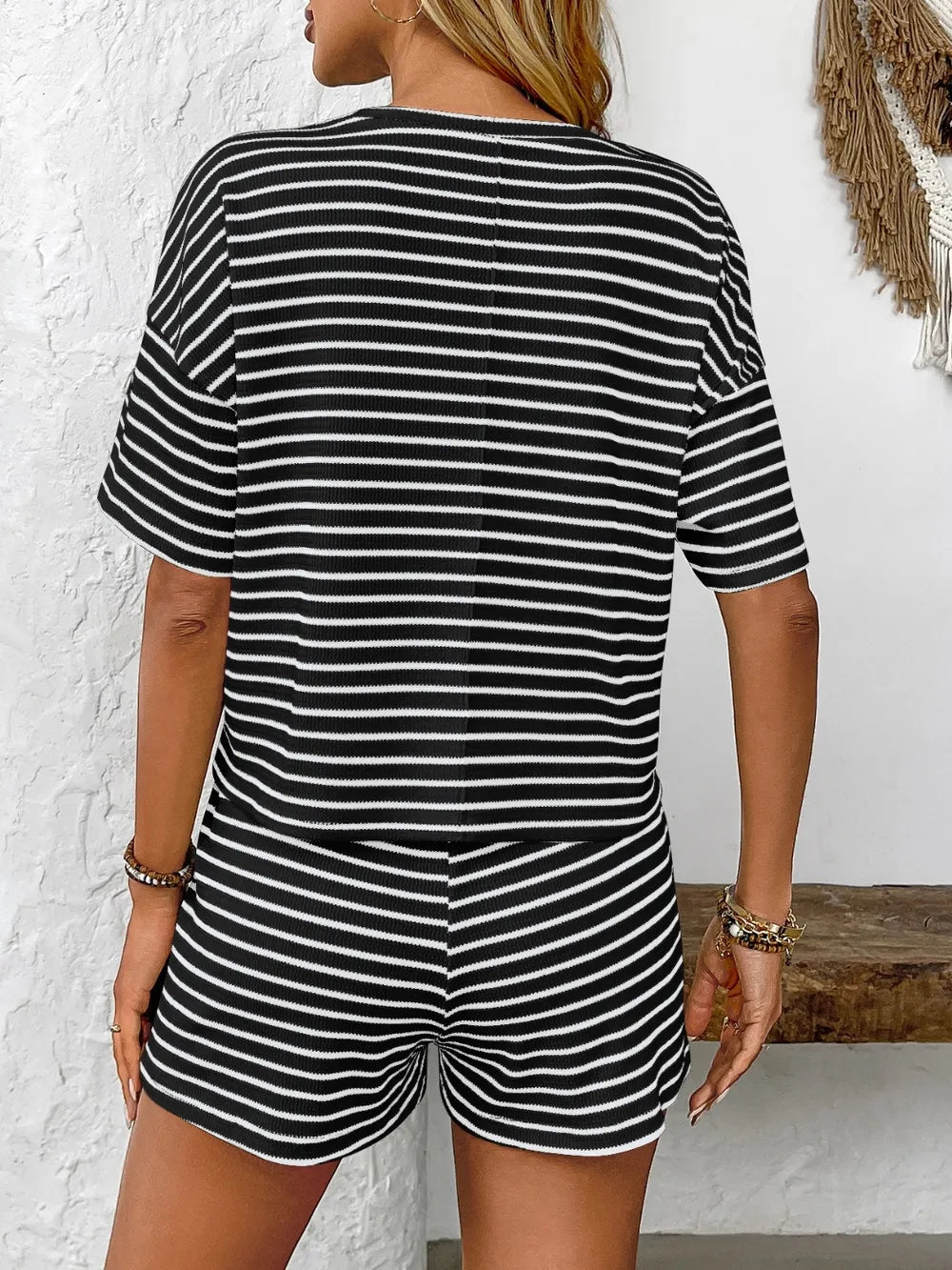 Close-up of fabric texture on Striped Round Neck Short Sleeve Top and Shorts Set in Black