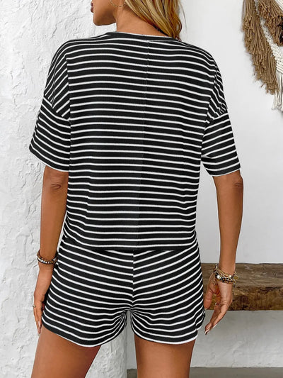 Close-up of fabric texture on Striped Round Neck Short Sleeve Top and Shorts Set in Black
