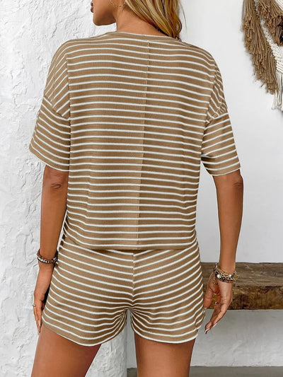 Close-up of fabric texture on Striped Round Neck Short Sleeve Top and Shorts Set in Brown