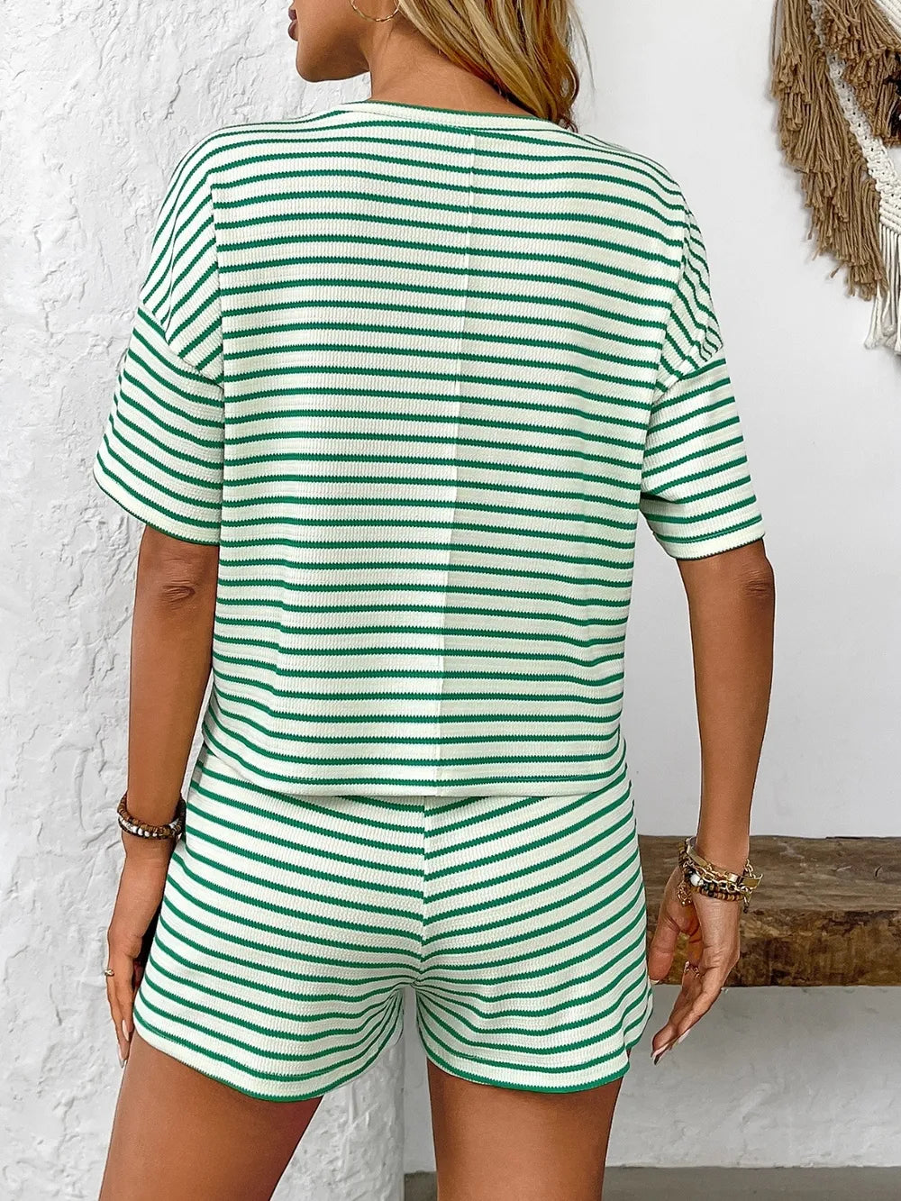 Back view highlighting the design of Striped Round Neck Short Sleeve Top and Shorts Set in Green