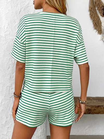 Back view highlighting the design of Striped Round Neck Short Sleeve Top and Shorts Set in Green