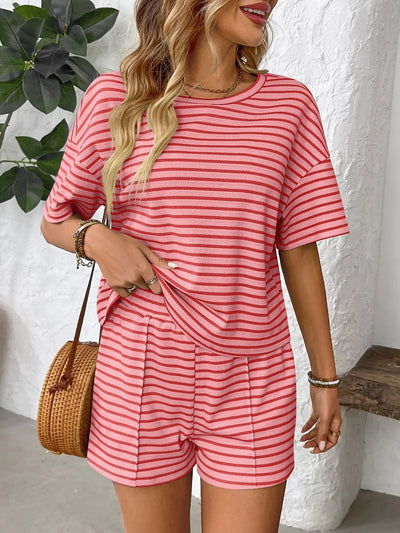 Front view of Striped Round Neck Short Sleeve Top and Shorts Set in Strawberry
