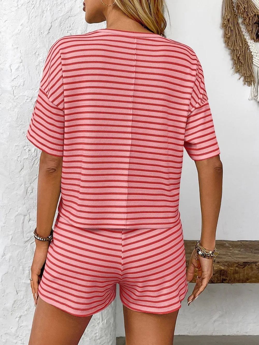 Close-up of fabric texture on Striped Round Neck Short Sleeve Top and Shorts Set in Strawberry