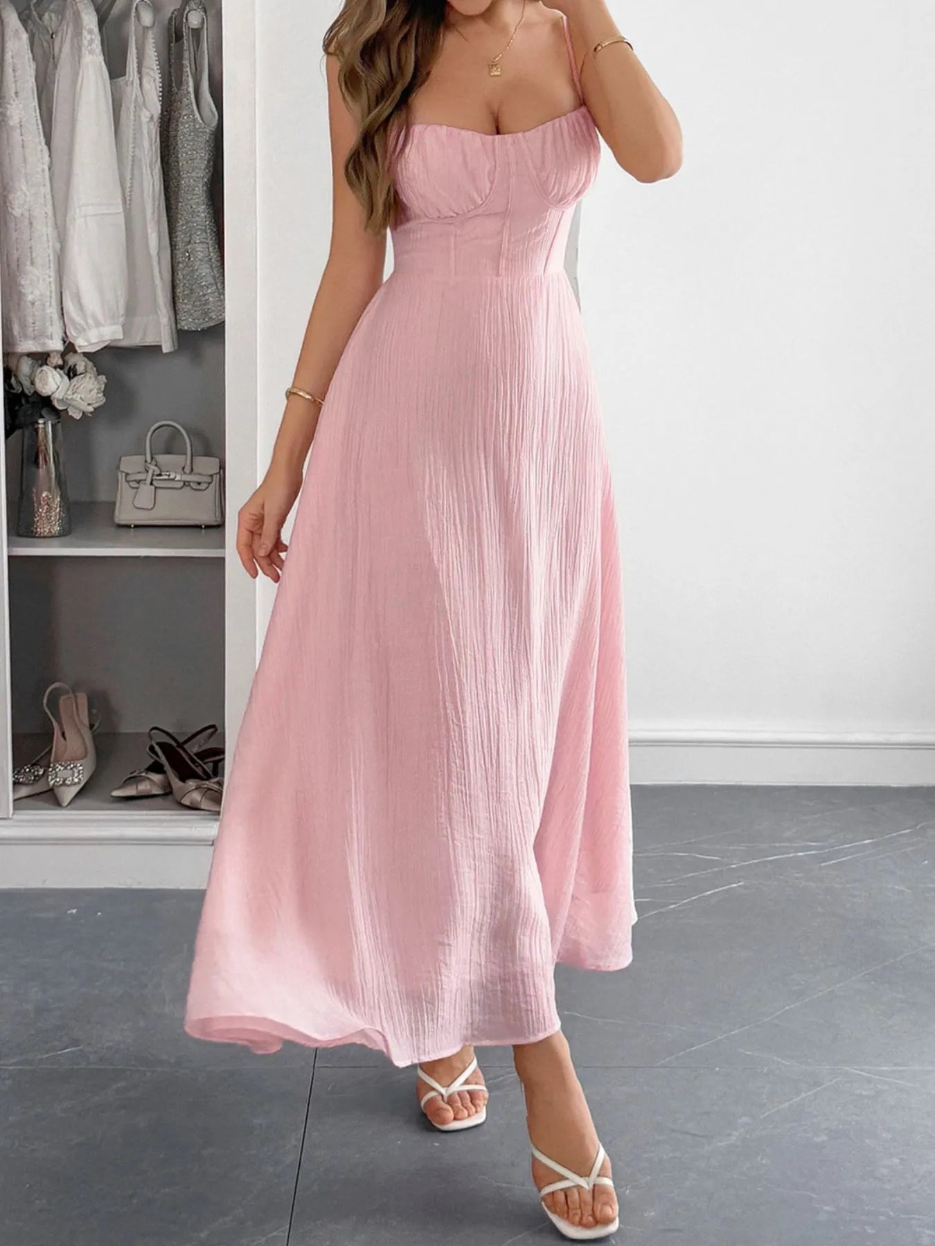 Front view of Sweetheart Neck Cami Dress in Pink