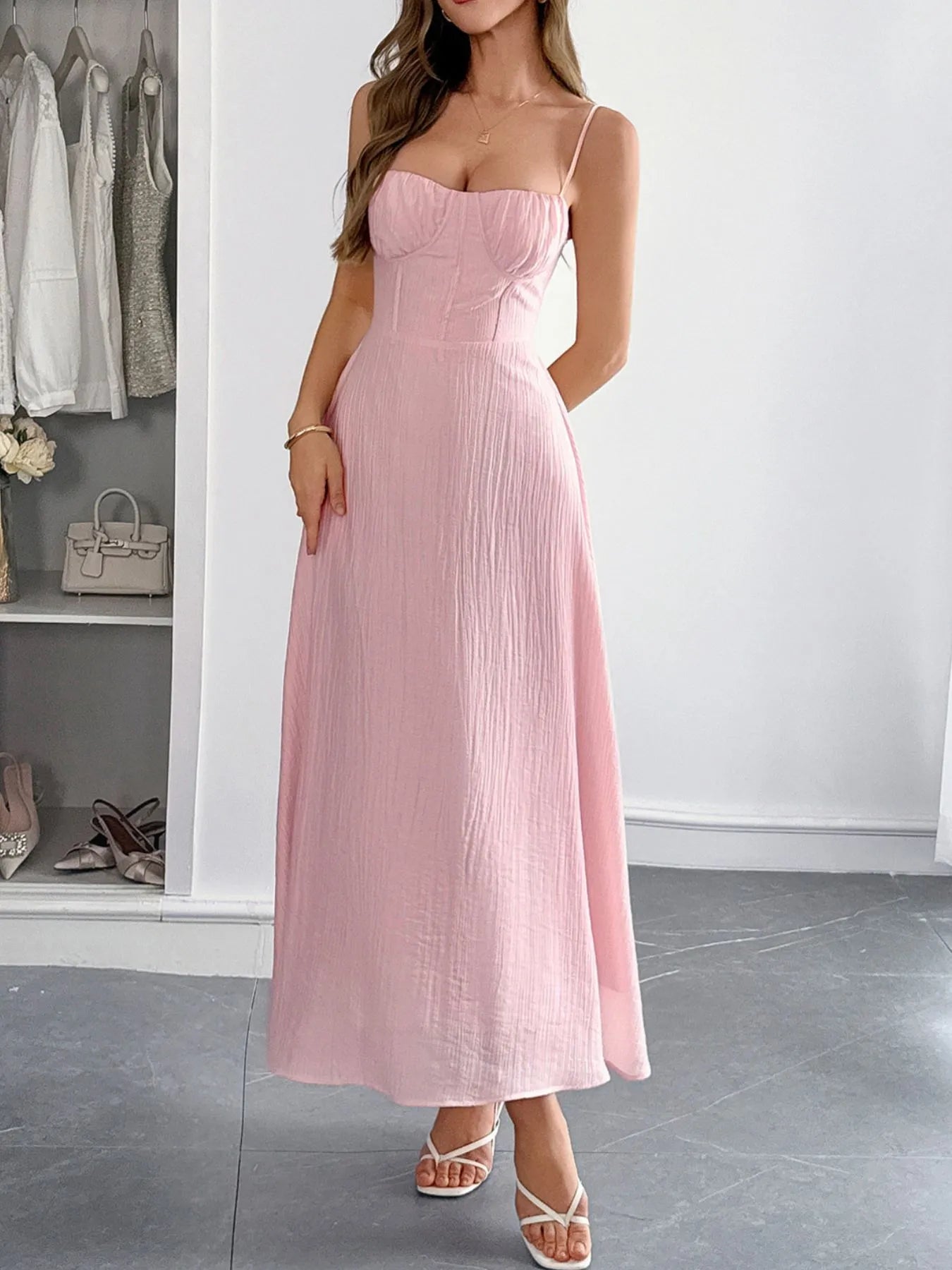 Side view showcasing the fit of Sweetheart Neck Cami Dress in Pink