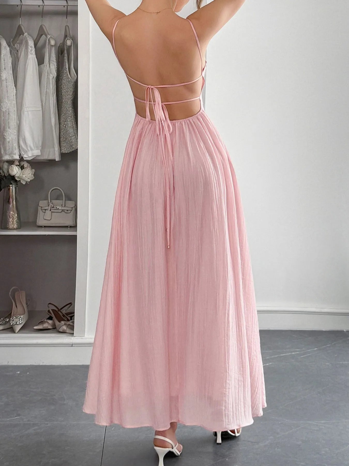Back view highlighting the design of Sweetheart Neck Cami Dress in Pink