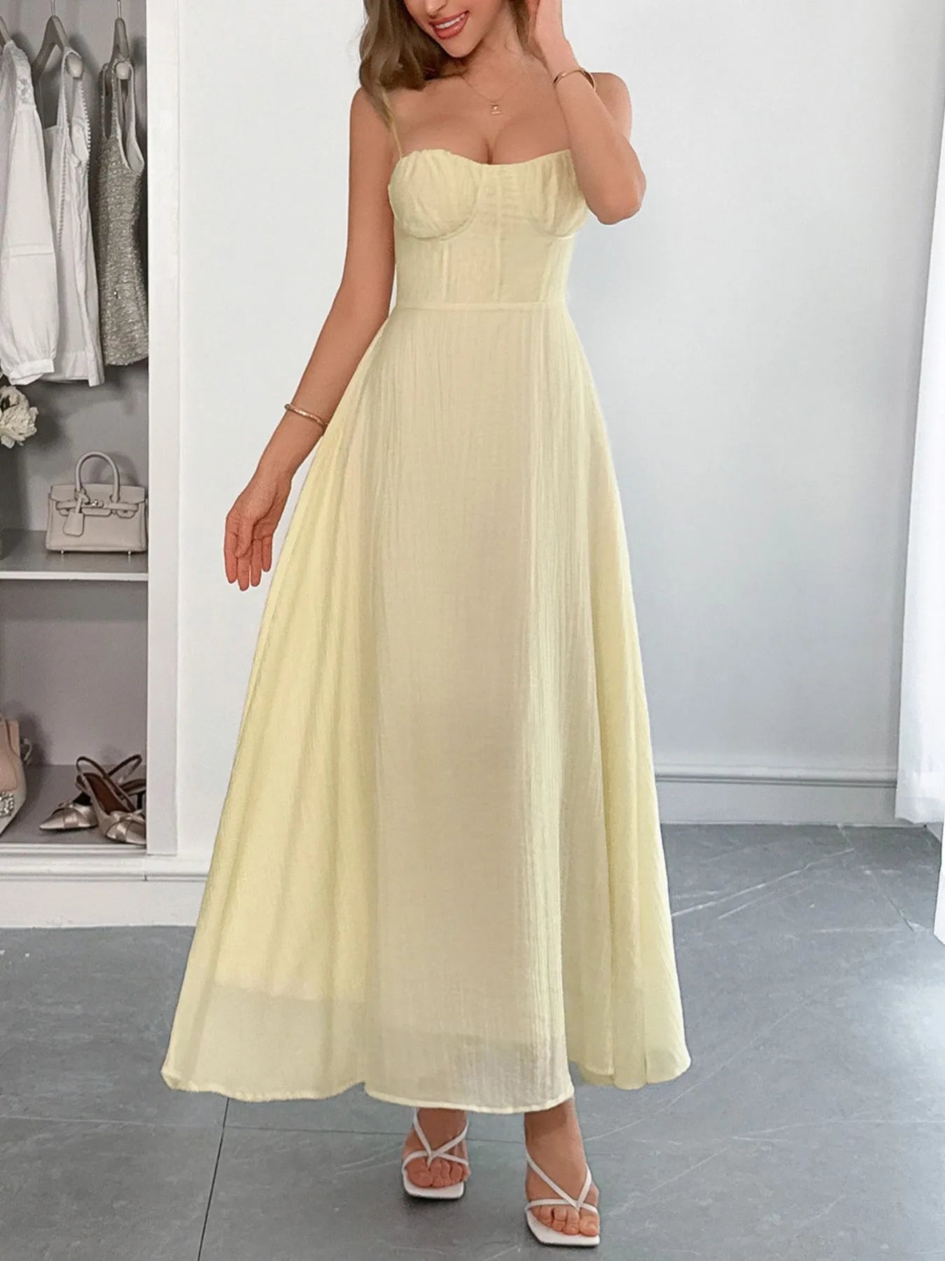 Front view of Sweetheart Neck Cami Dress in Tan