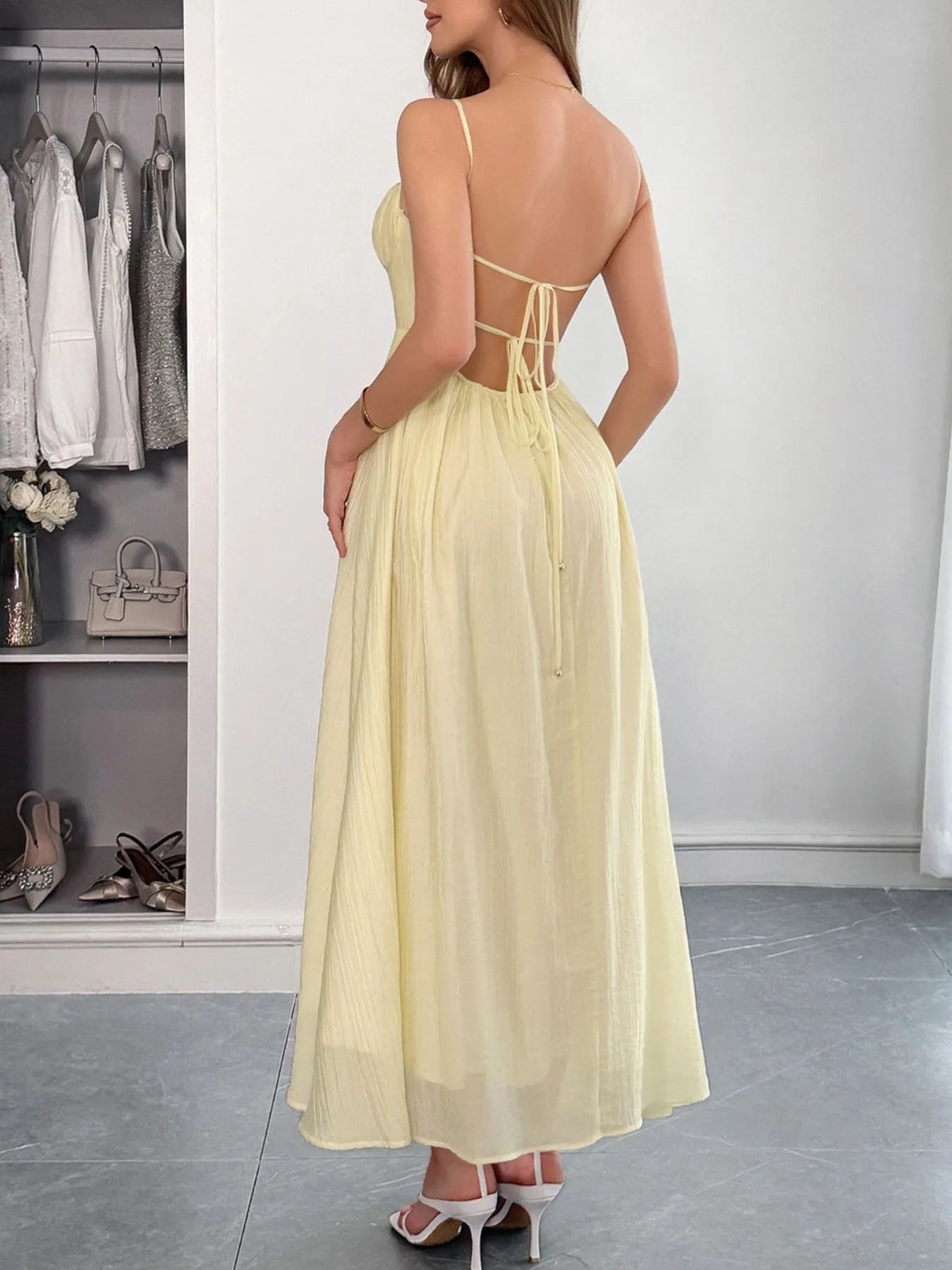 Side view showcasing the fit of Sweetheart Neck Cami Dress in Tan