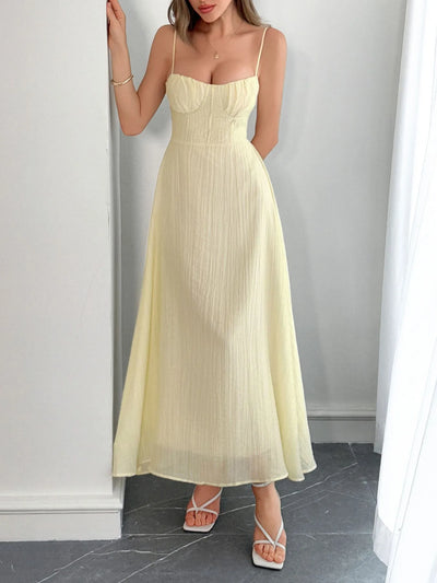 Back view highlighting the design of Sweetheart Neck Cami Dress in Tan