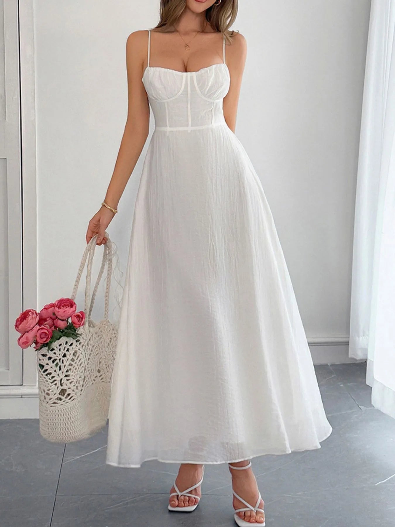 Front view of Sweetheart Neck Cami Dress in White