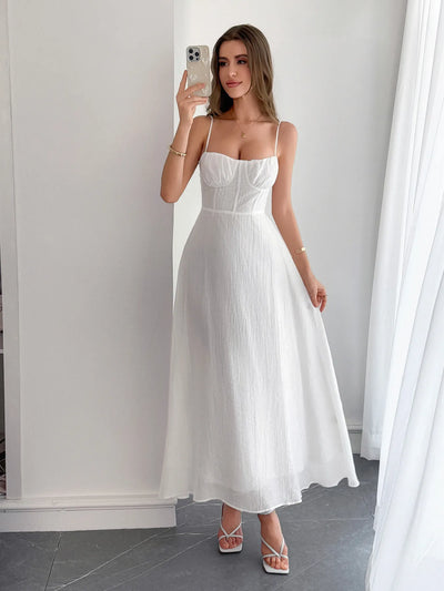 Side view showcasing the fit of Sweetheart Neck Cami Dress in White